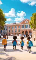 four little kids are dressed in different backpacks walking down the street