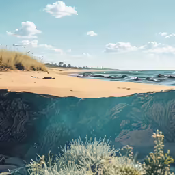 a beautiful scenery is shown with a rocky shore