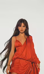 a young lady in an orange dress and black stockings