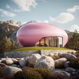 a pink building with a round window in the center of rocks