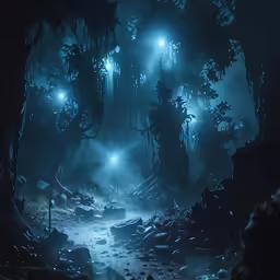 a dark place with trees and lights inside