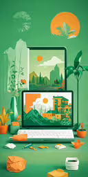 an abstract illustration of a laptop, screen and other items,two computers on a desk, with a background that looks like a landscape