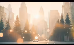 a city street with the sun shining on trees