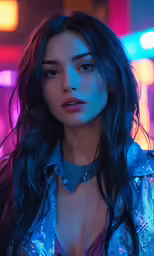 a girl with dark hair wearing a blue jacket and a purple outfit