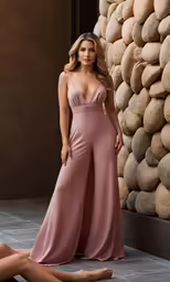 a beautiful blonde with large breast wearing a pink gown and sitting on the floor