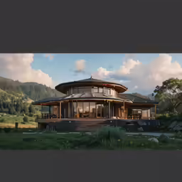 a round house with many windows and wood siding