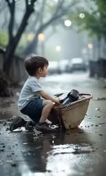 a young boy sitting on a wooden boat near a street