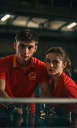 two young people standing in front of a glass table
