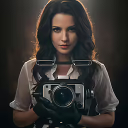 woman holding camera with light behind her head