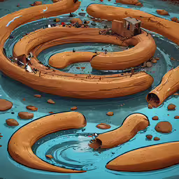 a huge circle in the middle of a body of water,some large brown objects floating in a pool of water