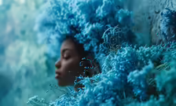 woman covered in blue grass looking down at something