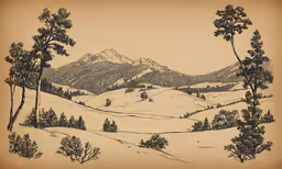 a drawing on paper of some trees and hills