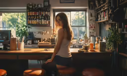 the young woman is sitting at a bar