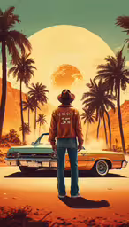 a man standing in front of a car with the sun behind him,a man standing in front of a yellow car on a desert