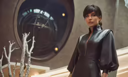 an african american woman stands in front of a clock in the background