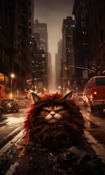 a lion in the middle of traffic as the city lights shine