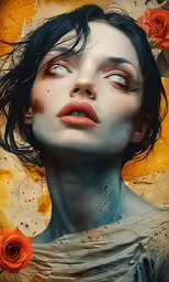 a woman in a dress has roses all around her head