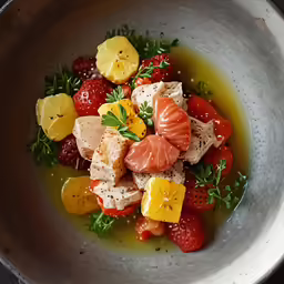 a bowl filled with fruit and vegetables with dressing