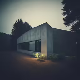 a concrete building next to trees and bushes