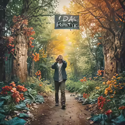 a man in a blue coat is looking through a forest