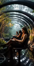 a group of people sit in a tunnel