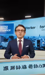 a man wearing a suit is sitting at a news set