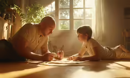a father and daughter are lying on the floor