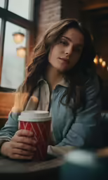 a woman sitting at a table holding a cup
