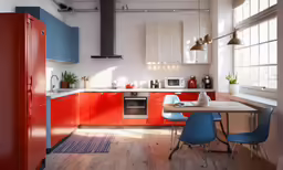 a very nice looking kitchen with blue and red decor