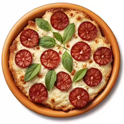 a pizza with tomatoes and basil is in a bowl