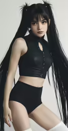 a woman in black underwear and furry white shoes