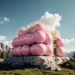 some large balloons sitting on top of a rock