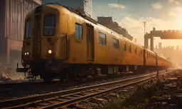 the sun is setting over a train on the tracks,there is a train that is traveling down the track