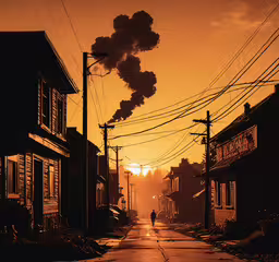 a person walking on the road by a house,an empty city street in front of a row of buildings with pipes billowing out smoke