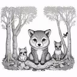 an adult fox sitting next to two baby foxes