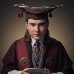 a person dressed in graduation gear holding a phone