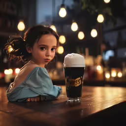 the little girl looks at her own beer