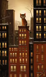 an orange cat is sitting on top of a red building