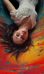 the girl is laying down on her back