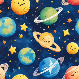 a painting of planets and stars with faces on them