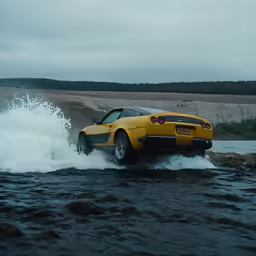 a yellow sports car driving along the ocean
