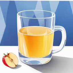 the glass mug with a apple sits next to the half eaten apple