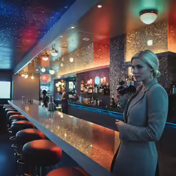 a woman standing at a bar holding a camera