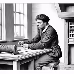 black and white photograph of woman writing with a telescope