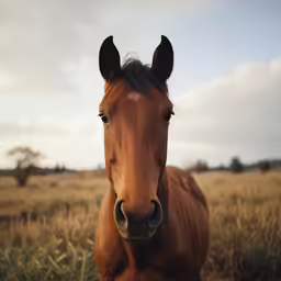 a brown horse in a grassy area with a sky background