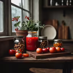 red colored jars and several tomatoes in front of a window