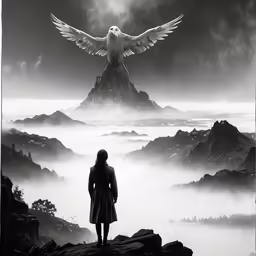 a woman with her arms outstretched stands on top of a cliff looking at an eagle