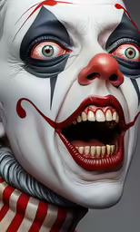 an animated clown face painted in white and red with a stripeed nose