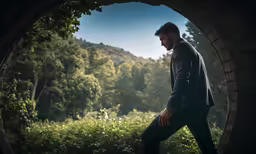the man in the dark jacket is standing near the forest