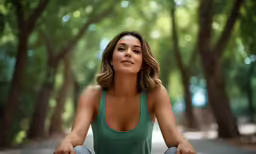 a woman in a green top and grey pants, is meditating in a forest